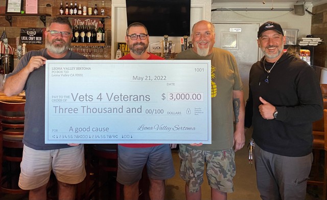 Check presented to Vets 4 Veterans at Jack's Place, in Leona Valley, CA.